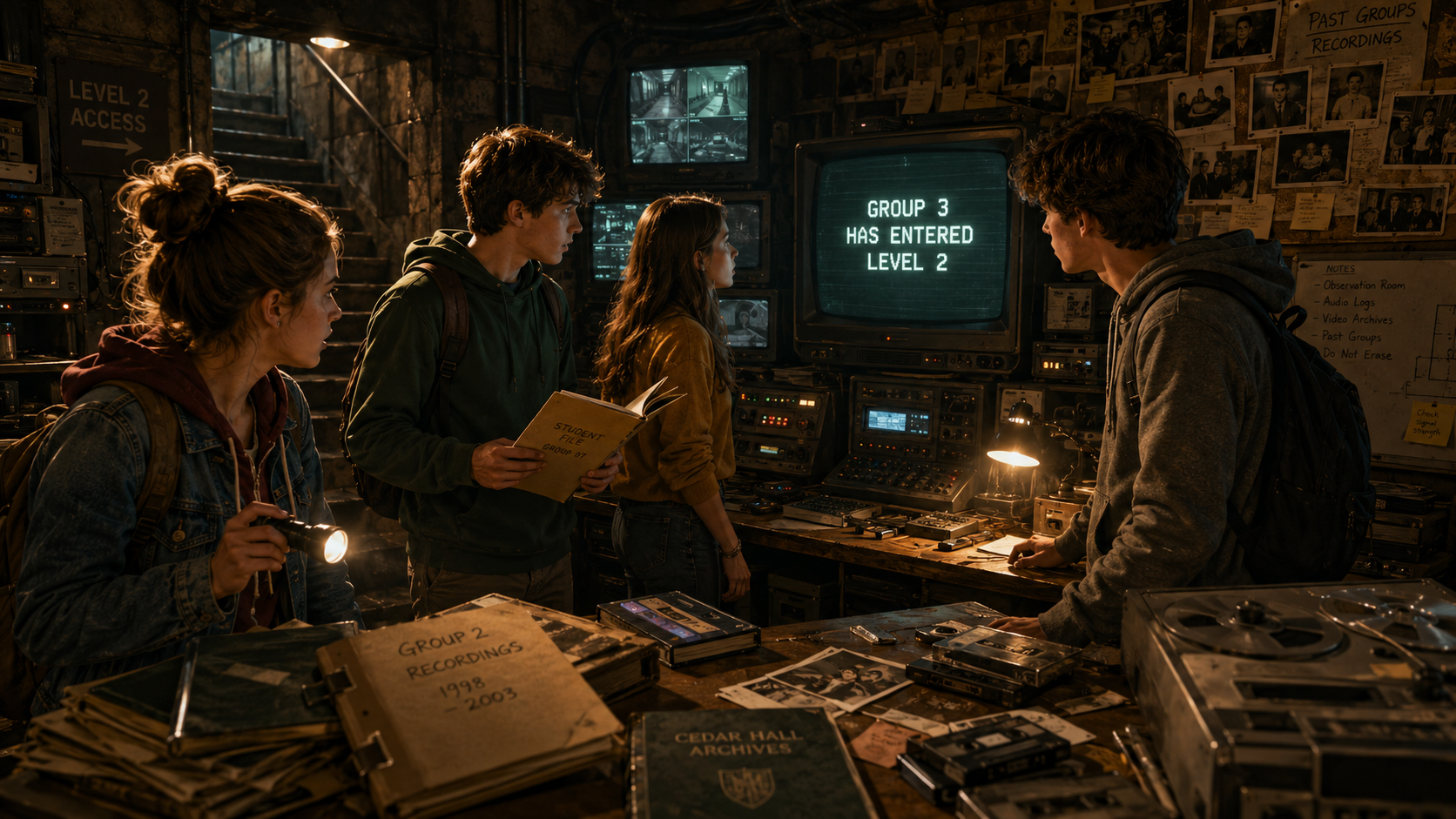 Four teenagers in a hidden underground observation room with old monitors and student files